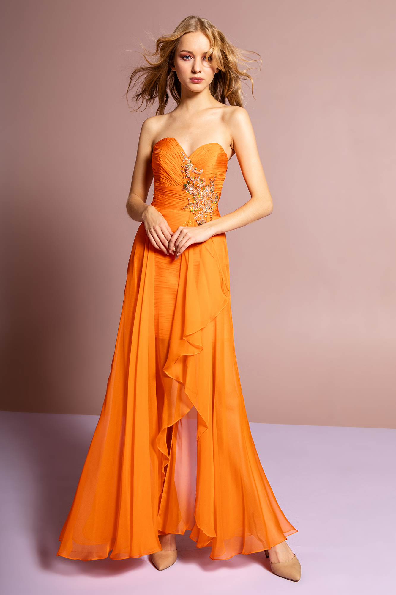 orange strapless long dress