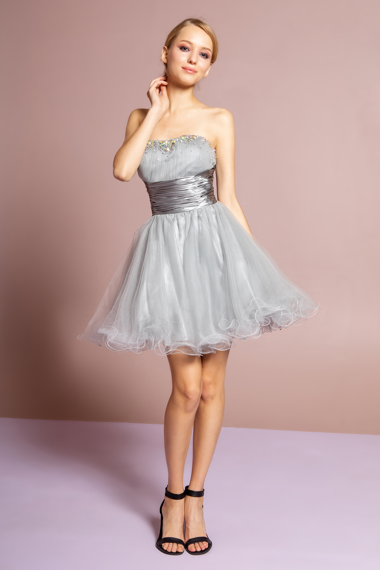 gs1052 silver 1 short homecoming cocktail bridesmaids damas tulle jewel open back zipper corset strapless sweetheart babydoll pleated