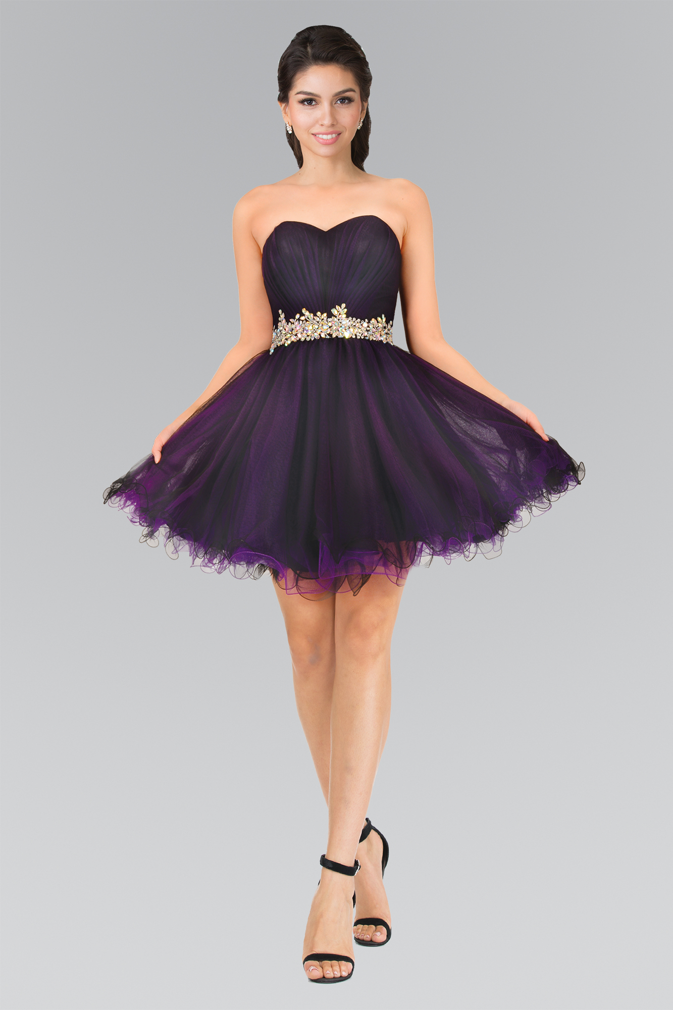 gs1055 black purple 1 short homecoming cocktail bridesmaids damas tulle jewel open back zipper corset strapless sweetheart babydoll pleated