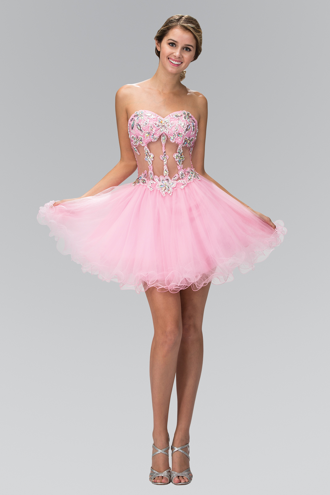 gs1106 pink 1 short homecoming cocktail tulle jewel open back zipper strapless sweetheart babydoll