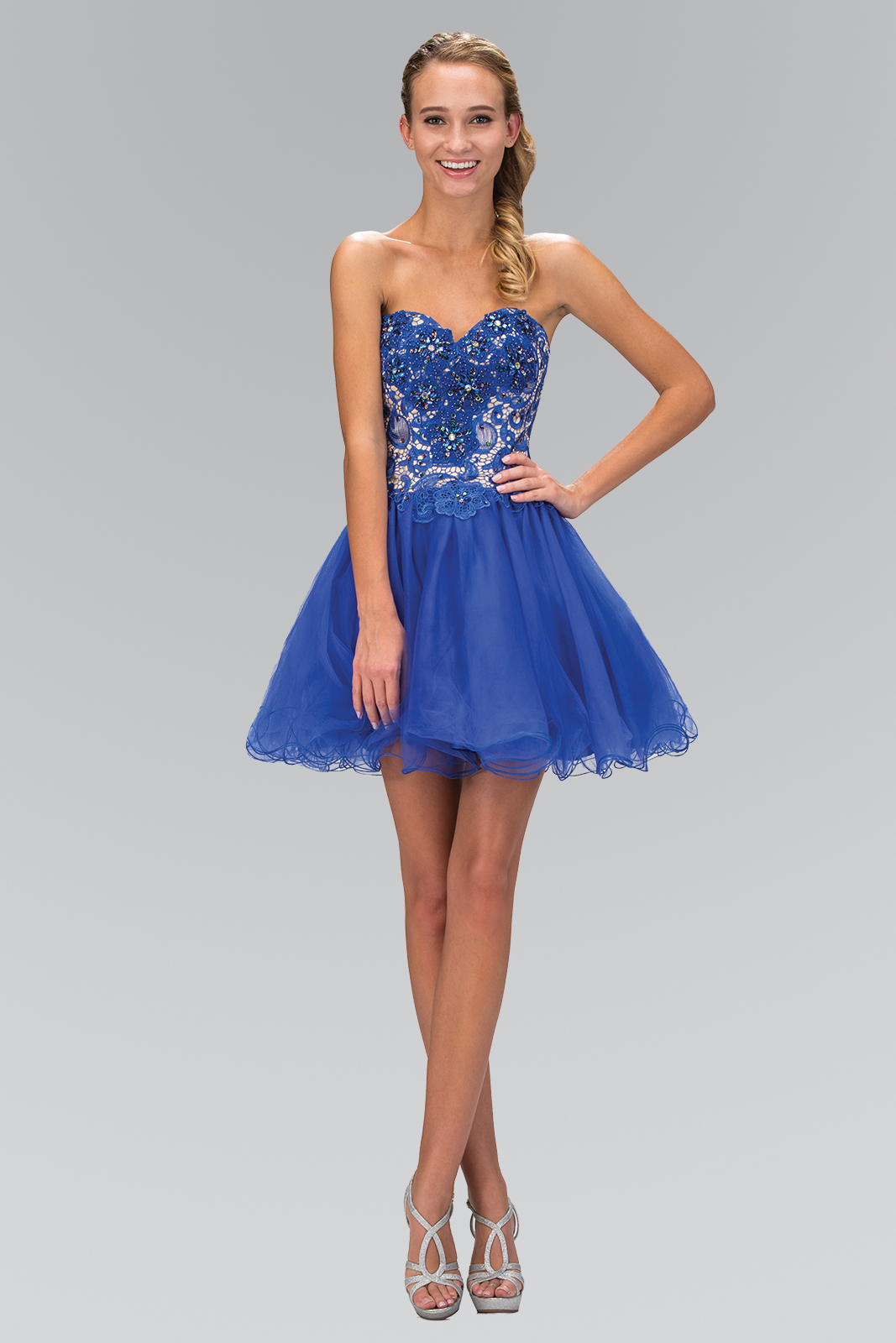 gs1110 royal blue 1 short homecoming cocktail lace tulle jewel open back zipper corset strapless sweetheart babydoll