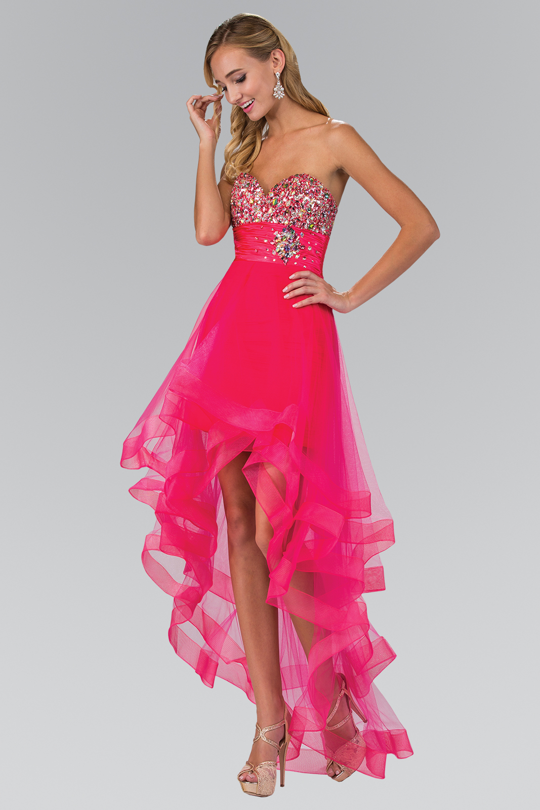 gs1124 fuchsia 1 high low prom pageant homecoming cocktail tulle jewel open back zipper strapless sweetheart high low