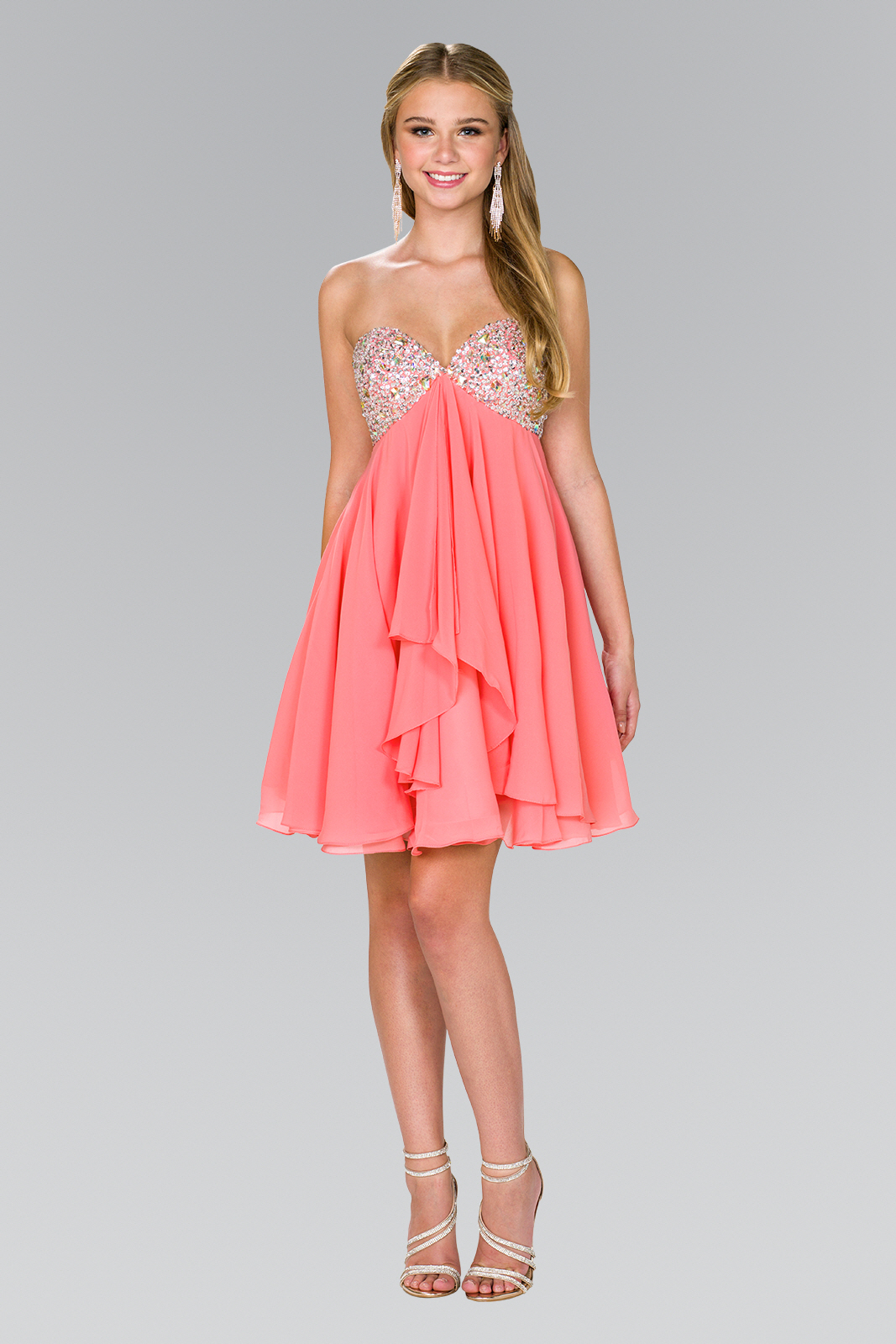 gs1142 coral 1 short homecoming cocktail date night chiffon jewel open back zipper strapless sweetheart a line
