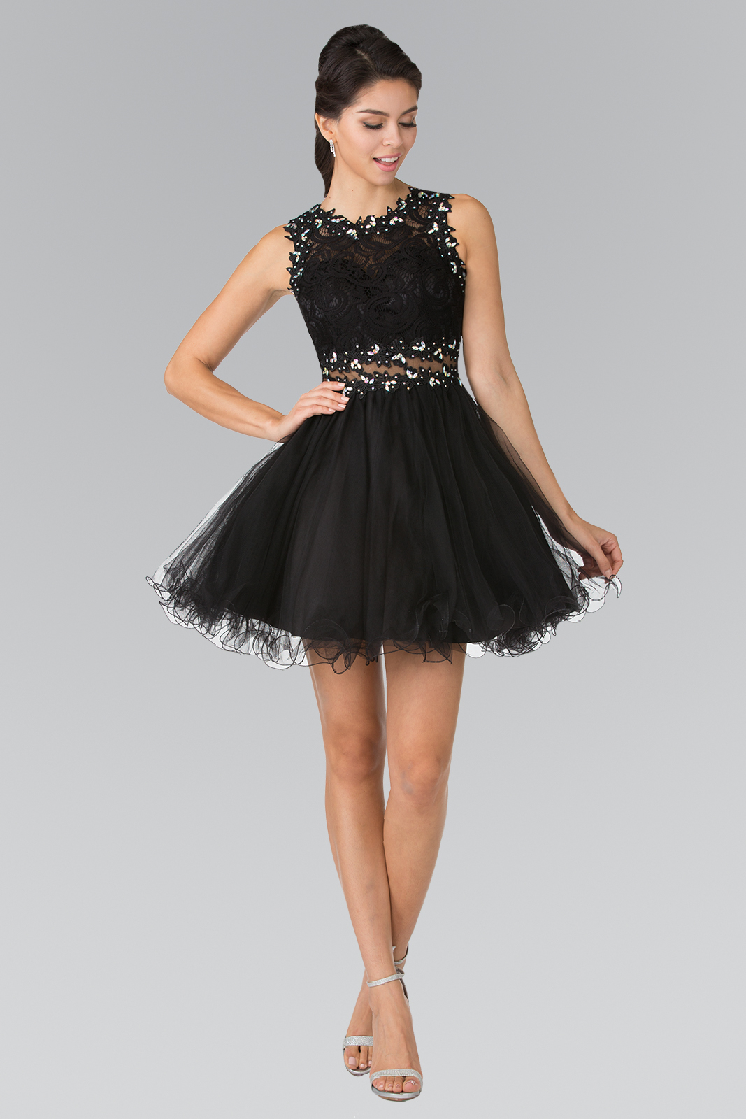 gs1427 black 1 short homecoming cocktail bridesmaids damas lace tulle covered back zipper sleeveless crew neck babydoll