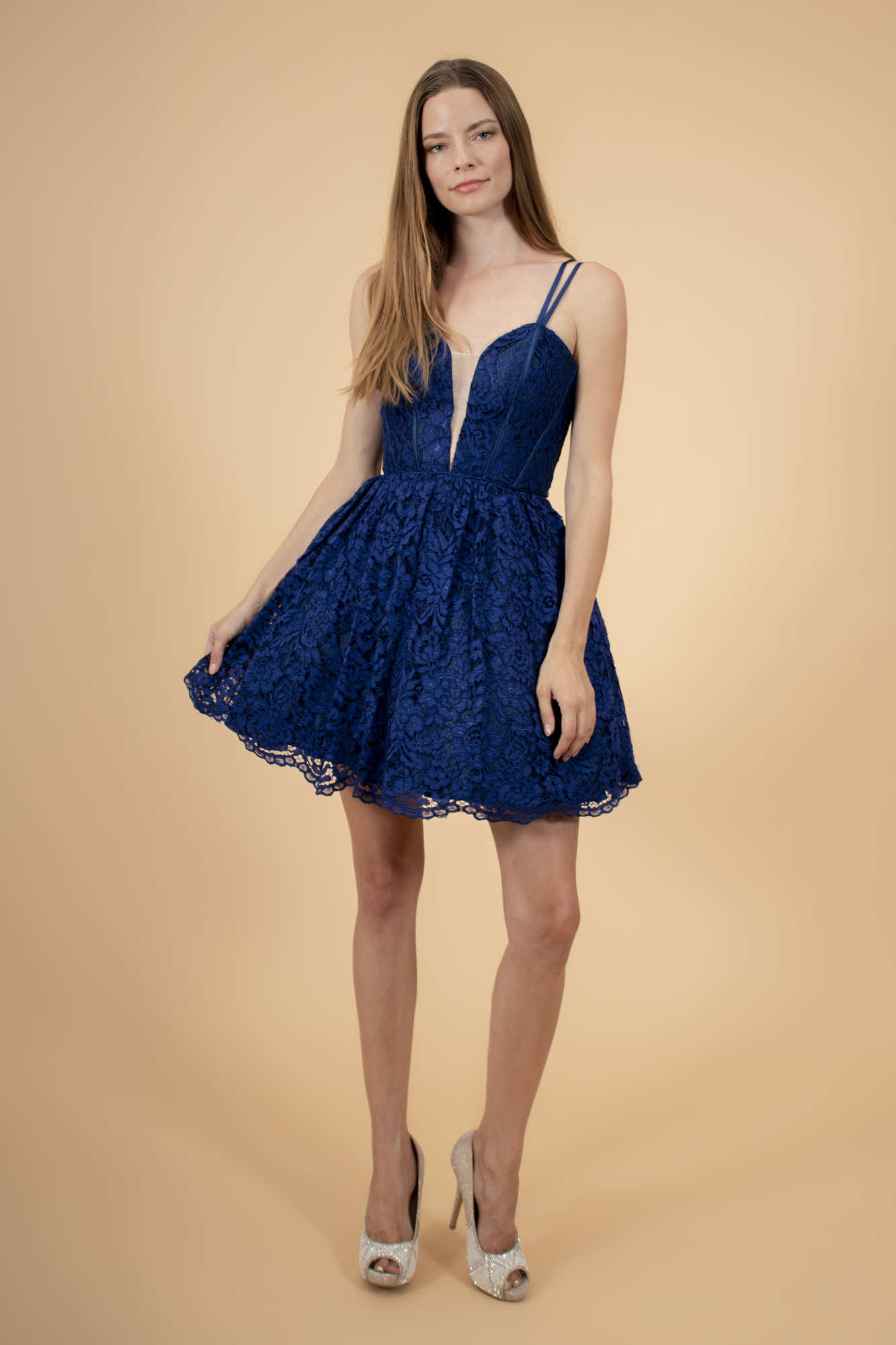 Navy lace straps sweethearted short homecoming dress