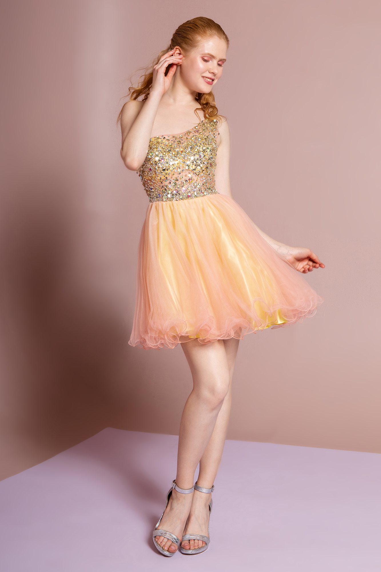 gs2033 coral 1 short homecoming cocktail tulle jewel sequin open back zipper one shoulder asymmetric babydoll