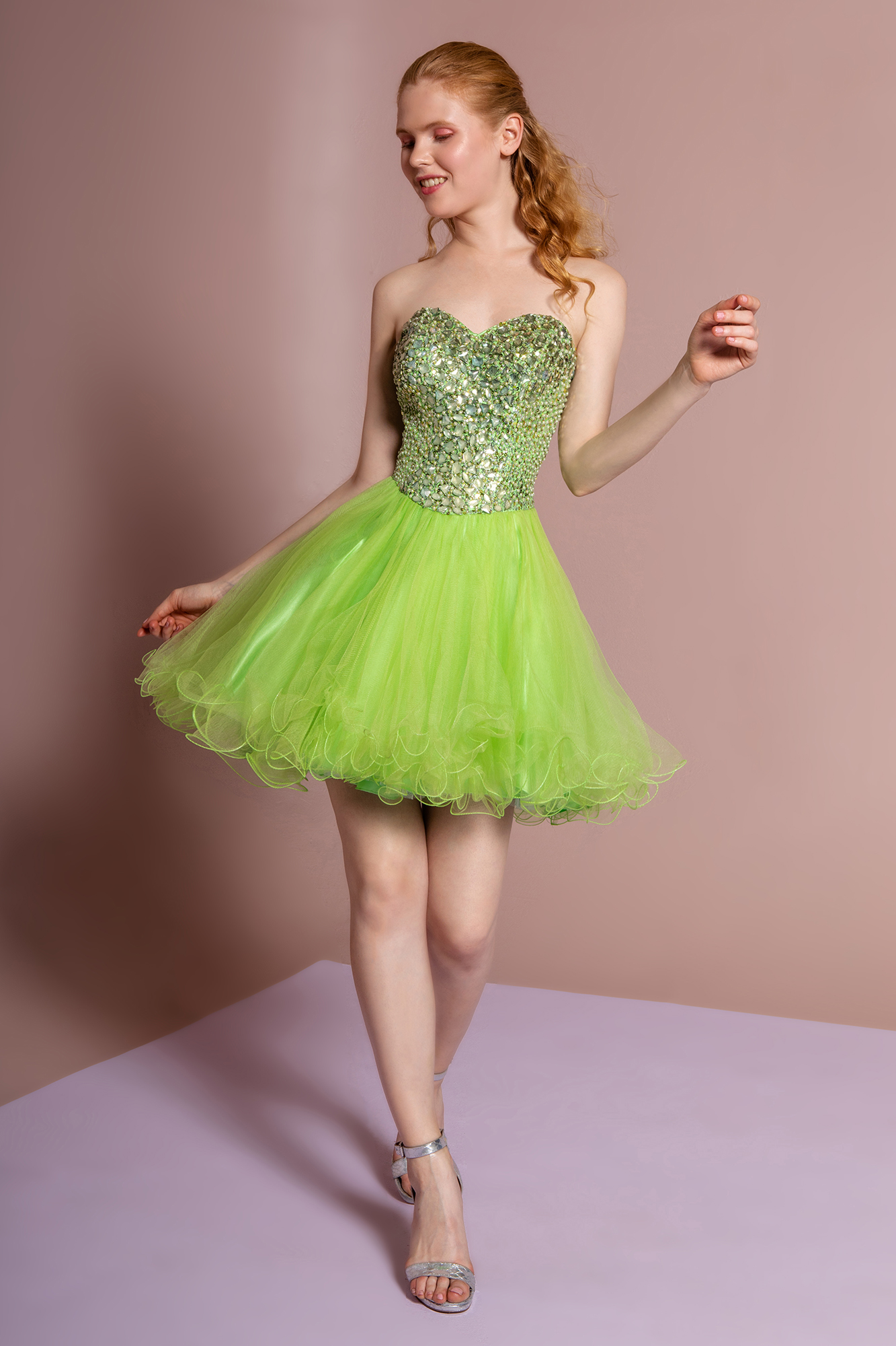gs2034 light green 1 short homecoming cocktail tulle jewel sequin open back zipper strapless sweetheart babydoll
