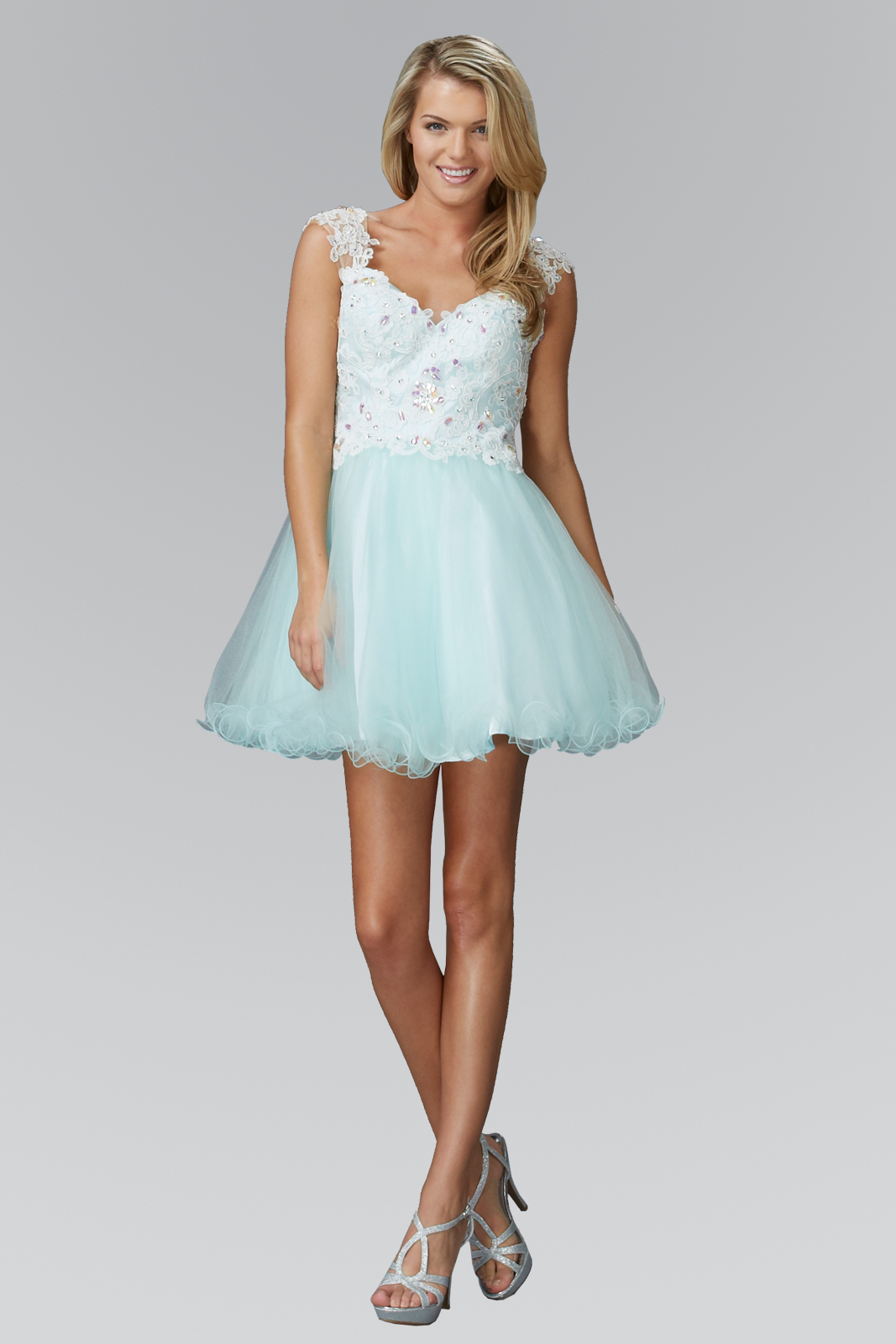 gs2045 tiffany 1 short homecoming cocktail bridesmaids lace tulle beads sheer back open back zipper cap sleeve v neck babydoll