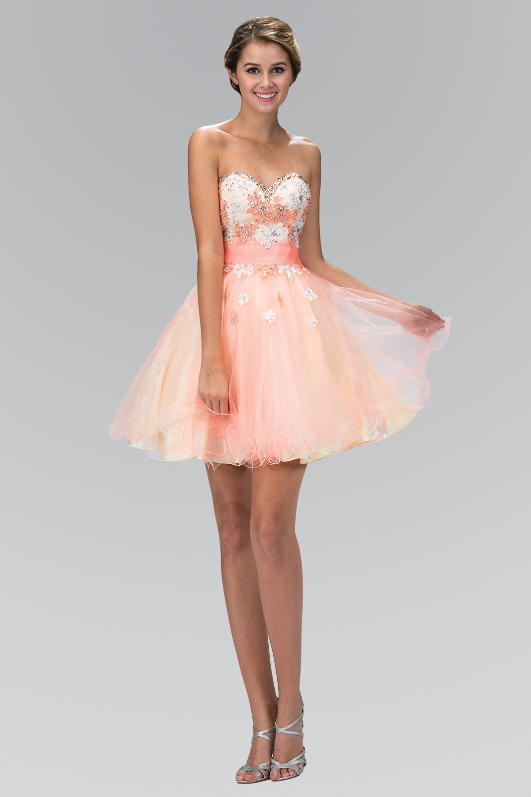 gs2131 coral 1 short homecoming cocktail lace tulle jewel open back corset strapless sweetheart babydoll