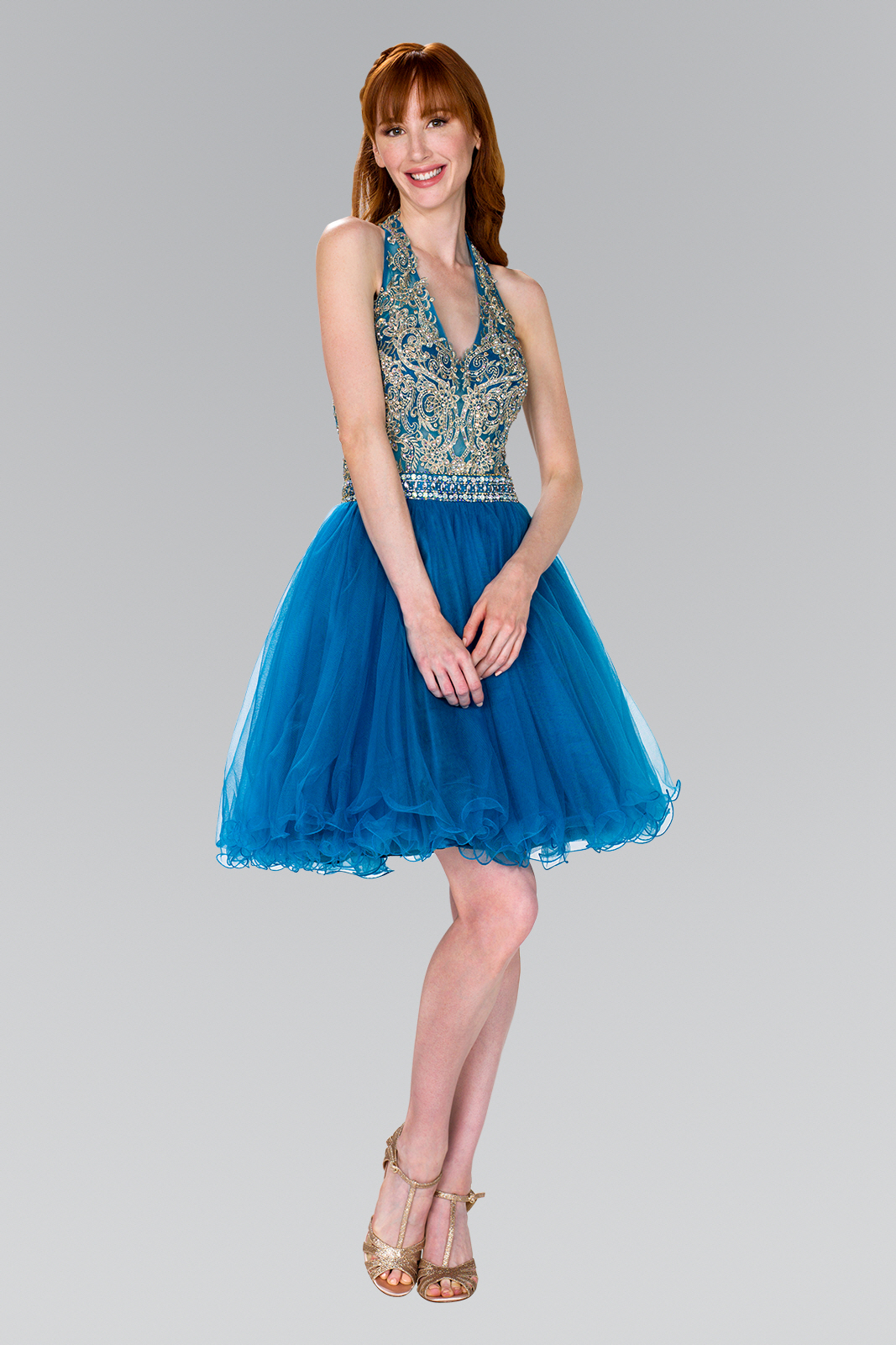 gs2382 teal 1 short homecoming cocktail tulle applique beads sequin open back zipper strapless halter babydoll