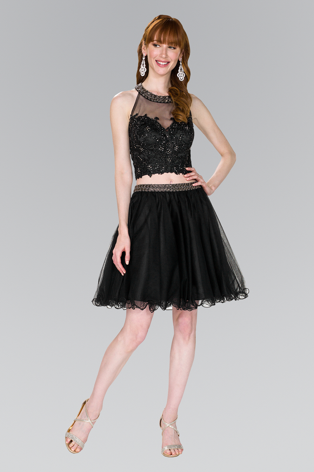 gs2398 black 1 short homecoming cocktail date night tulle applique beads sequin straps zipper sleeveless illusion sweetheart two piece two piece