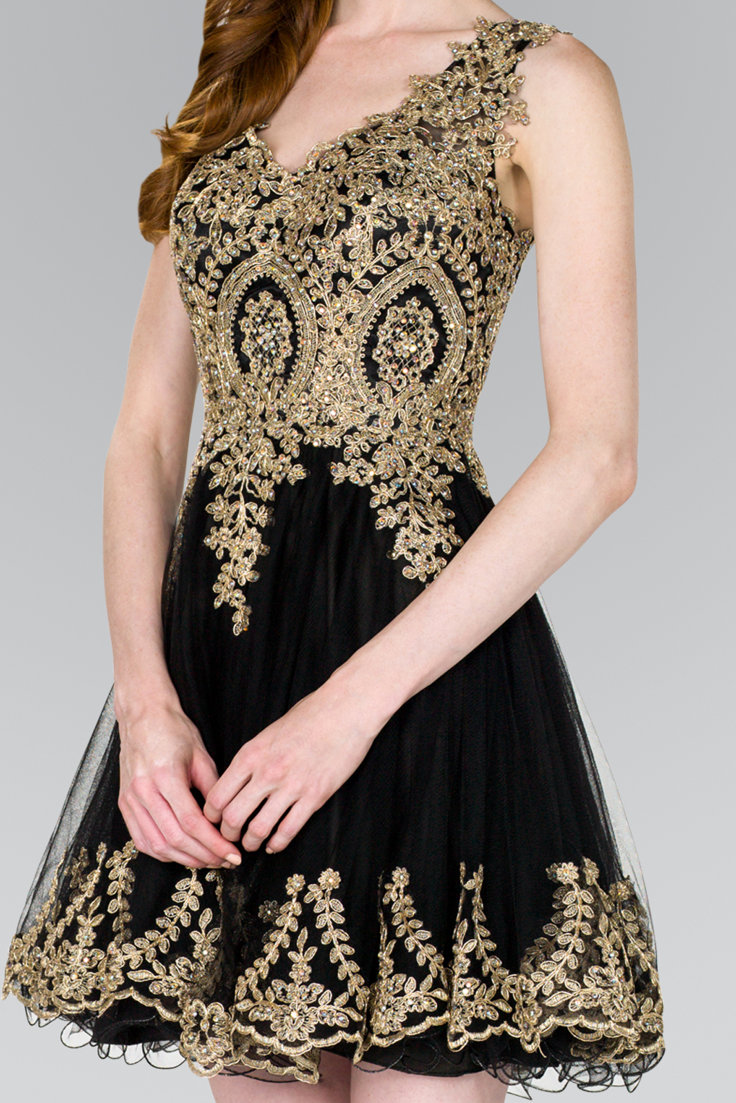 Black Homecoming Dress with Gold Embroidery